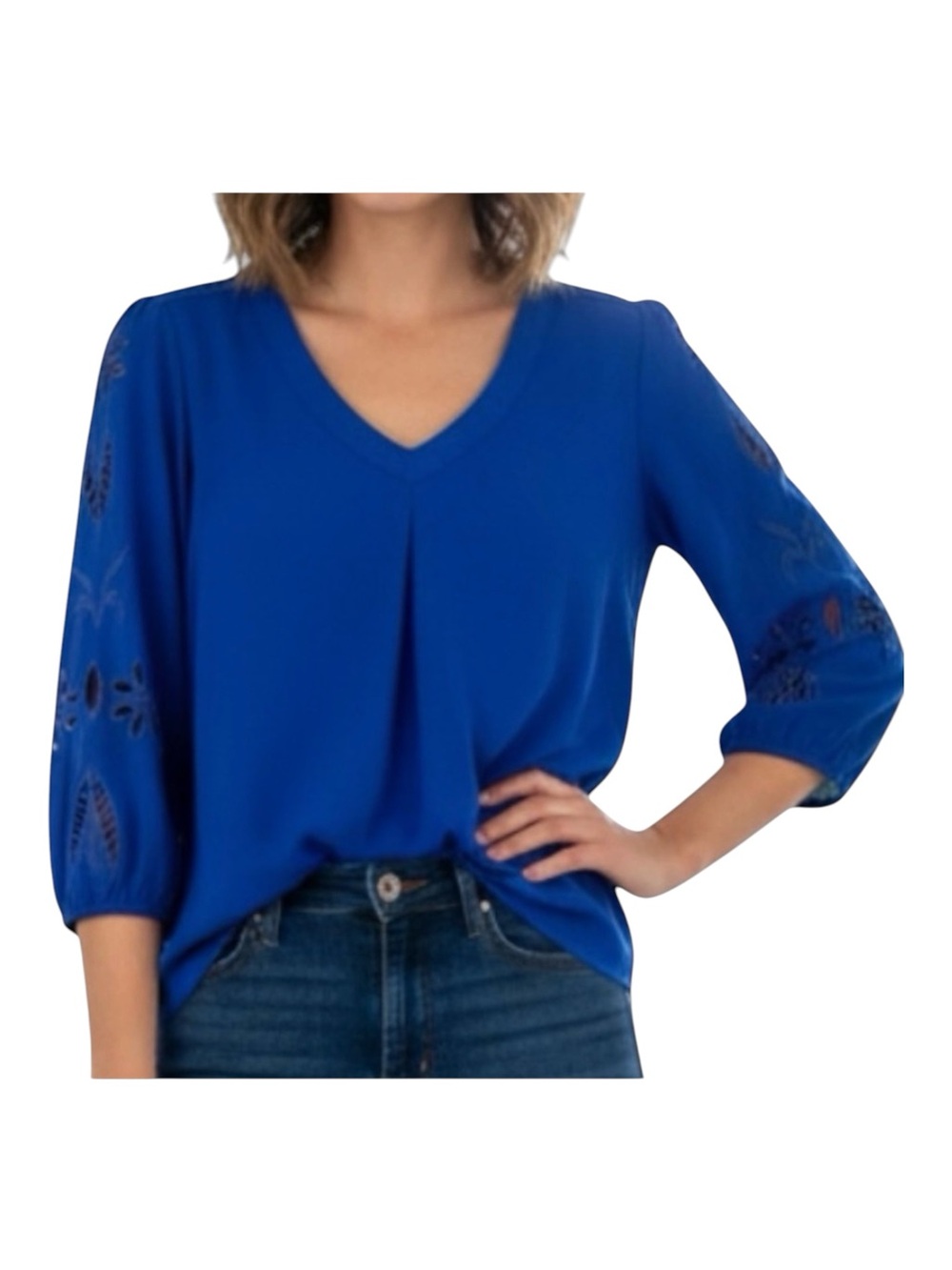 Brixon Ivy Royal Blue Cutout Eyelet Floral Sleeve V Neck Blouse Top Size S